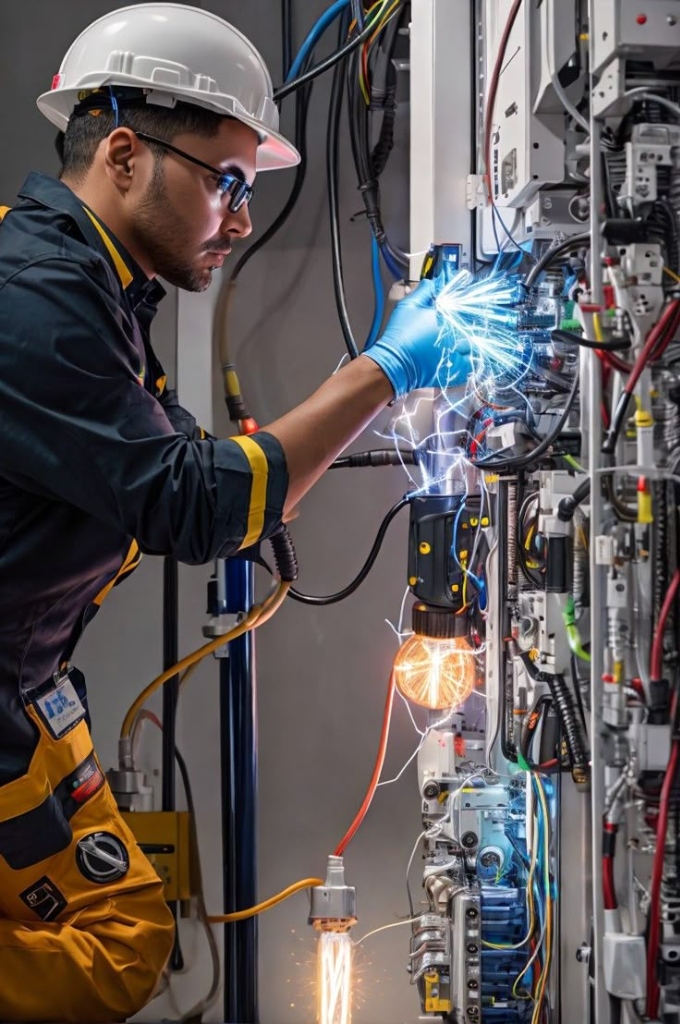 Licensed electrician working on electrical distribution panel